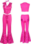 Rodeo Barbie Pink Cowgirl Costume for Adult Women Girl Wild West Western Outfit Cosplay Hippie Costume 70s 80s Disco Scarf Halloween Party