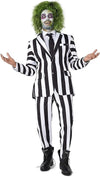 Scary Family Adult Costume Suit - Morticia & Gomez Black White Striped 3-Piece Set with Jacket, Pants, Shirt, and Tie for Halloween & Cosplay