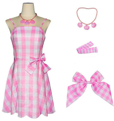 Diona Women Adult Girls Movie Doll Costume Margot Cosplay Pink and White Gingham Check Dress Halloween Christmas Party Birthday Dress Up