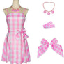 Diona Women Adult Girls Movie Doll Costume Margot Cosplay Pink and White Gingham Check Dress Halloween Christmas Party Birthday Dress Up