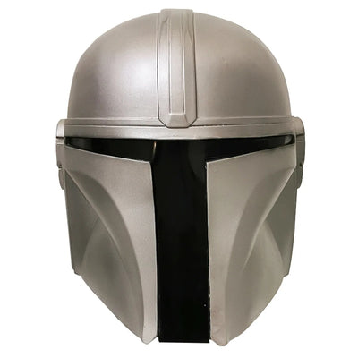 Mandalorian inspired silver latex helmet mask front view for Halloween costume cosplay