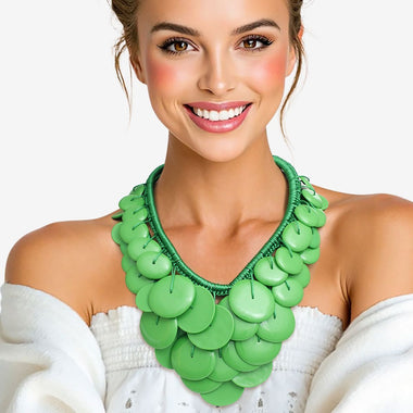 Bib Green Dramatic Long Cord Disc Necklace Women
