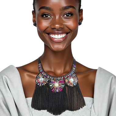 Bib Black Adjustable Beaded Fringe Necklace