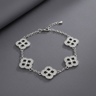 Black Encrusted Quatrefoil Motif Silver Bracelet