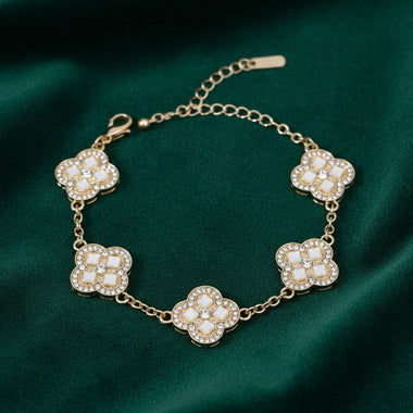 White Encrusted Quatrefoil 5 Motif Chain Bracelet
