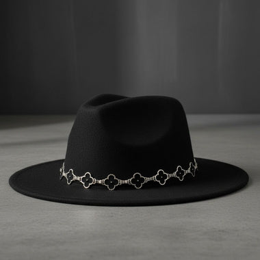 Black Fedora Hat with Black Silver Quatrefoil Band