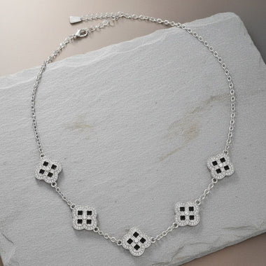 Black Encrusted Quatrefoil Motif Silver Necklace
