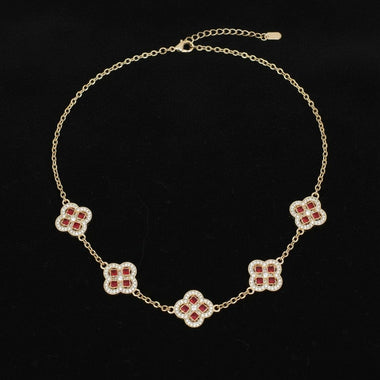 Red Encrusted Quatrefoil 5 Motif Chain Necklace