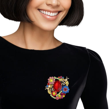 Brooch Gold Multicolor Glass Crystal Bee Flower