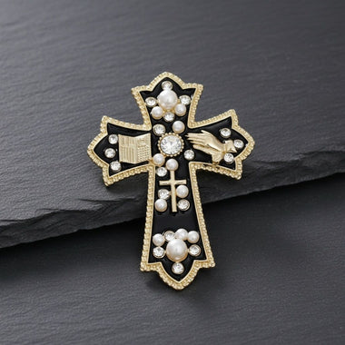 Black Brooch Elaborate Religious Cross Gold Pin