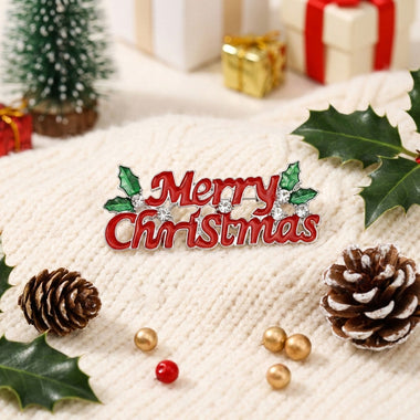 Brooch Red Merry Christmas Holly Silver Pin