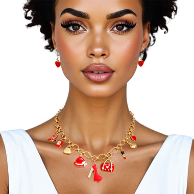 Charm Gold Red Cowgirl Boot High Heel Necklace