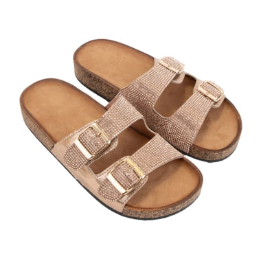 Sparkly Jeweled Slide Sandals Rose Gold Rhinestone-Embellished Slip-On Comfort Flats for Casual and Dressy Looks