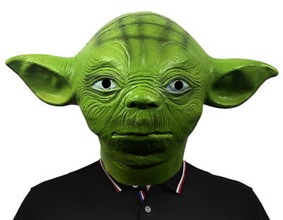 Yoda-inspired green latex full-head Halloween costume mask, complete front view