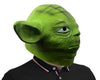 Yoda-inspired green latex adult costume mask, right-side profile and pointed ear
