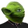 Yoda-inspired green latex adult costume mask, right-side profile and pointed ear