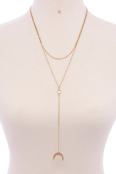 Metal Layered Crescent Clear Round Pendant Y Necklace