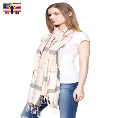 Beige multitone oversized Plaid Pashmina Checker Blanket Scarf Shawl Fringe Trim