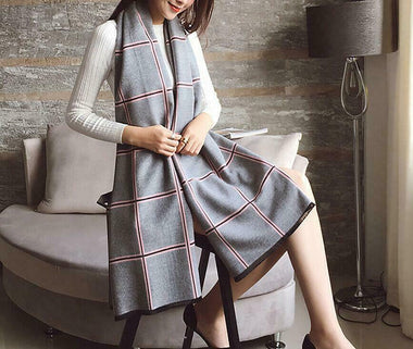 Plaid Oversized Checker Cashmere Blanket Tassel Long Scarf Shawl Wrap-Gray Pink