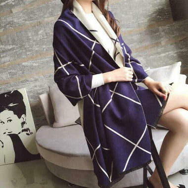Plaid Oversized Checker Cashmere Blanket Tassel Long Scarf Shawl Wrap-Blue White