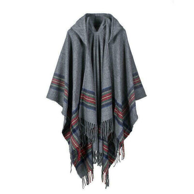 Oversize Blanket Tassel Long Large Wrap Wool Scarf w/ Hat Checker Shawl - Grey