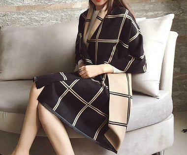 Plaid Oversized Checker Cashmere Blanket Tassel Long Scarf Shawl - Black White