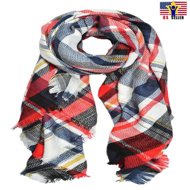 Red multi tone oversized Tartan Plaid Checker Blanket Scarf Shawl wrap Fringe