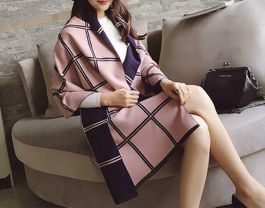 Plaid Oversized Checker Cashmere Blanket Tassel Long Scarf Shawl -Pink Navy Line