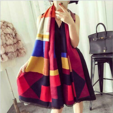 Plaid Oversized Checker Cashmere Blanket Tassel Long Scarf Shawl Red Navy Yellow