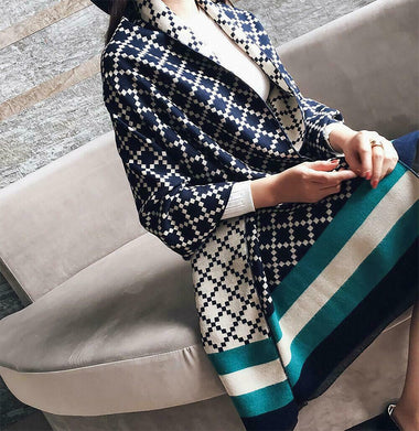 Plaid Oversized Checker Cashmere Blanket Tassel Long Scarf Shawl Wrap-Blue Green