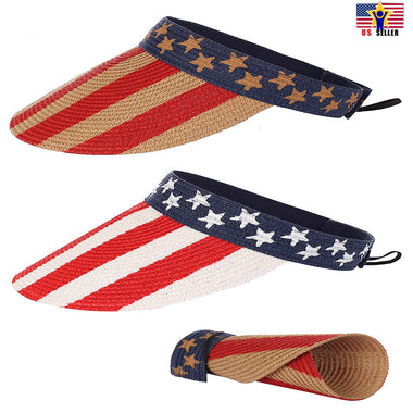 AMERICAN FLAG ROLL UP WIDE BRIM SUMMER BEACH SUN VISOR STRAW HAT 4th of July