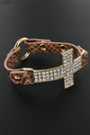 Rhinestone Cross Charm Leather Wrap Bracelet