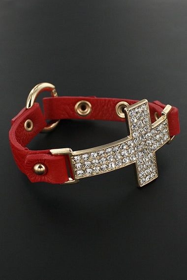 Rhinestone Cross Charm Leather Wrap Bracelet