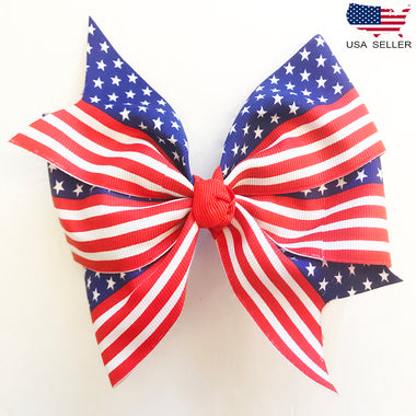 Women USA American Flag Head Hair Bow Alligator Clip Ribbon July 4th Funny Girl