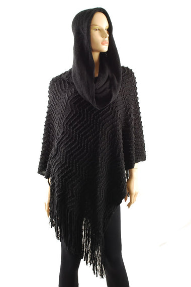 Textured Knit Hooded Poncho with Tassel