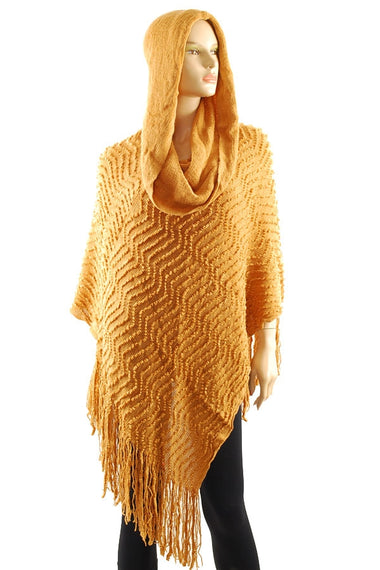 Textured Knit Hooded Poncho with Tassel
