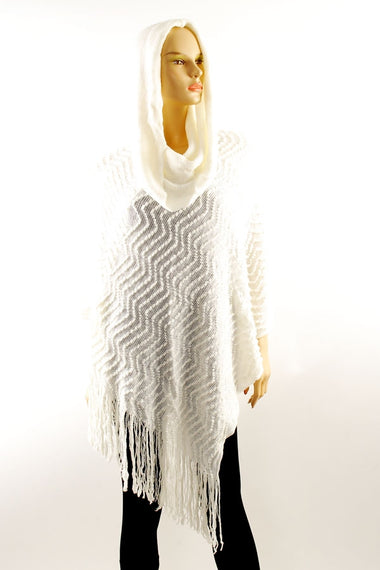 Textured Knit Hooded Poncho with Tassel