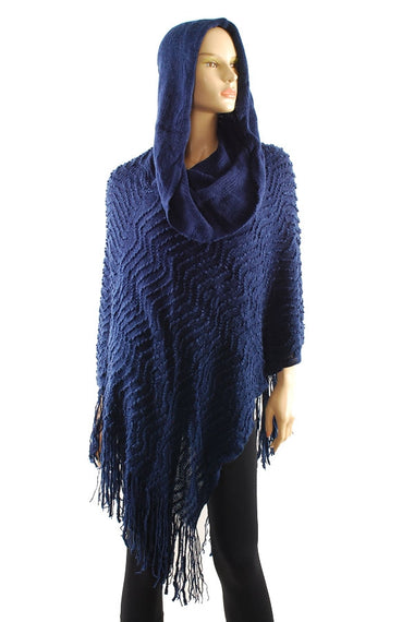 Textured Knit Hooded Poncho with Tassel