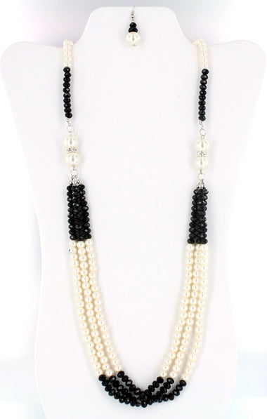Crystal Beads Layered Pearl Necklace Earring and Bracelet Set