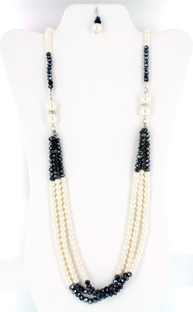 Crystal Beads Layered Pearl Necklace Earring and Bracelet Set