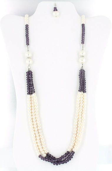 Crystal Beads Layered Pearl Necklace Earring and Bracelet Set