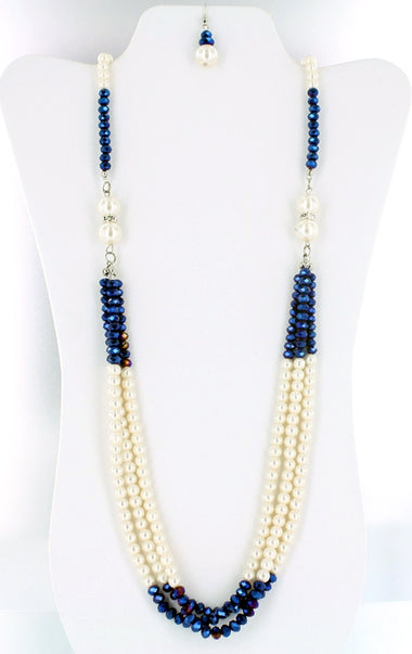 Crystal Beads Layered Pearl Necklace Earring and Bracelet Set