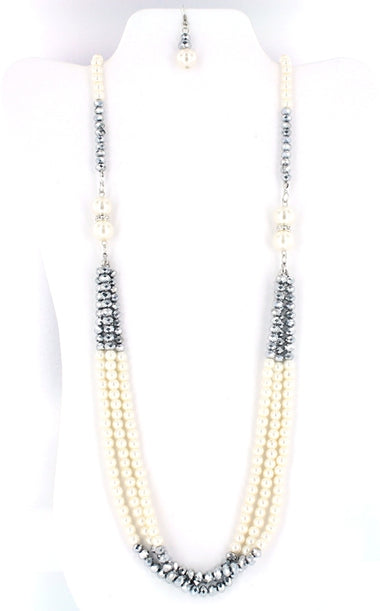 Crystal Beads Layered Pearl Necklace Earring and Bracelet Set