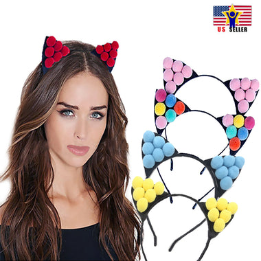 Women Girl Cute Pom Pom Hairband Handmade Kids Cat Ear Headband Halloween Party