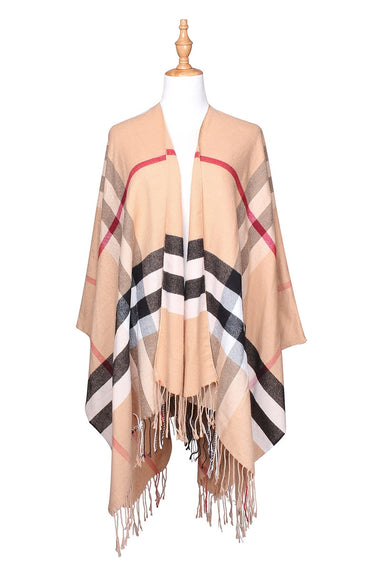 Multi Tone Plaid Pattern Oversized Fringe Shawls