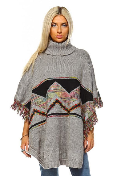 Multi Tone Tassel Accent Turtleneck Poncho