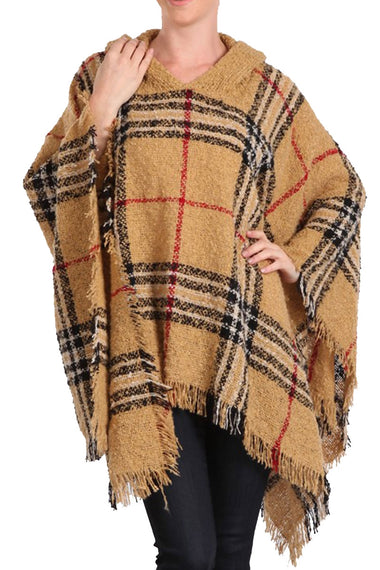 Multi Tone Plaid Pattern Fringe Poncho