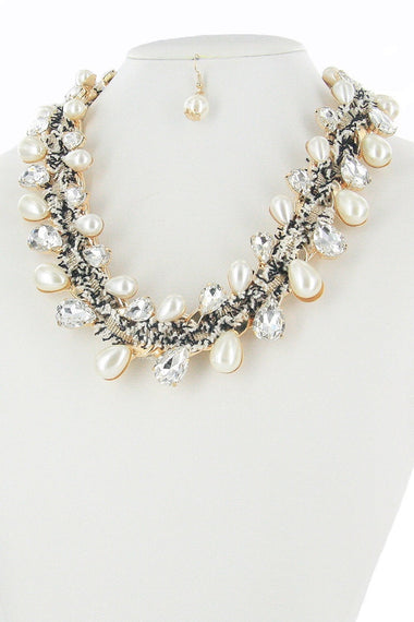 Pearl and Crystal Stone Necklace Earring Set