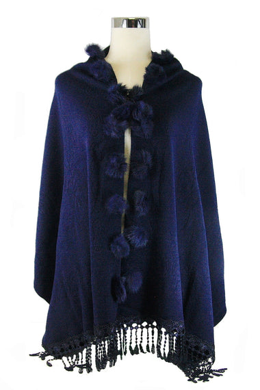 Faux Fur Pom Pom Accent Shawl