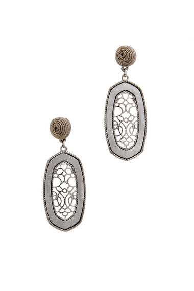 METAL TWIST LINED FAUX LEATHER FILIGREE DROP EARRING